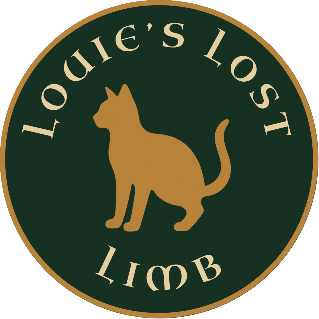 Louie’s Lost Limb logo with gold 3-legged cat silhouette on dark green circle